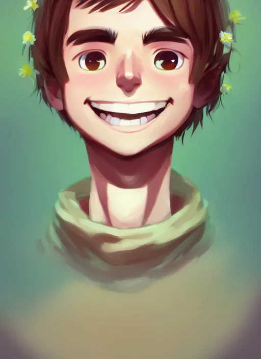 Image similar to a white young man with a big smile, prominent big eyes, wise forehead, big lips, round portruding chin, background full of brown flowers, standout colours, thin sharp lines, digital painting, artstation, matte, sharp focus, illustration, realistic anime moe artstyle