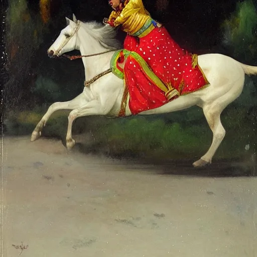 Prompt: a painting of a woman riding a white horse, an oil on canvas painting by raja ravi varma, featured on deviantart, qajar art, detailed painting, oil on canvas, acrylic art