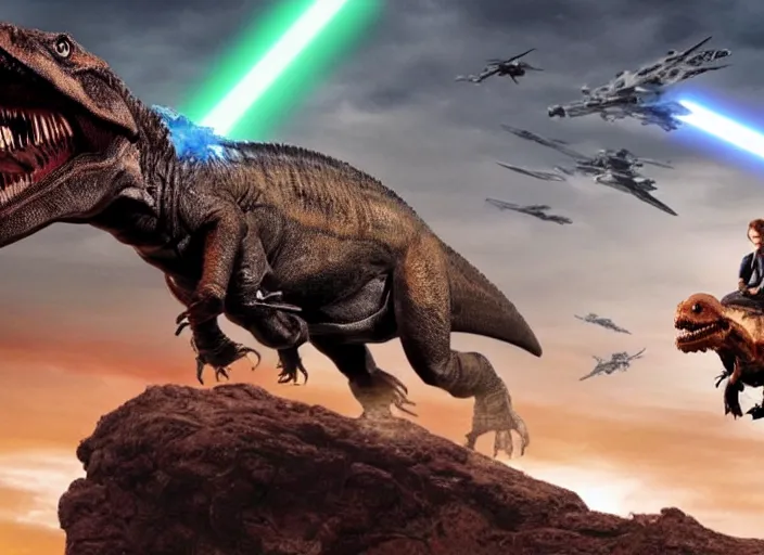 Prompt: Anakin Skywalker riding a Tyrannosaurus Rex into battle