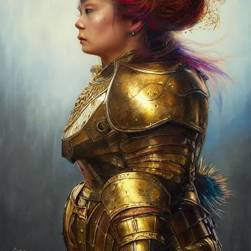 Image similar to realistic portrait of dwarf queen in armor, atmospheric lighting, painted, intricate, volumetric lighting, beautiful, washed deep colors masterpiece, golden hour, sharp focus, ultra detailed, by Chie Yoshii, Kai Carpenter, Ignacio Fernández Ríos