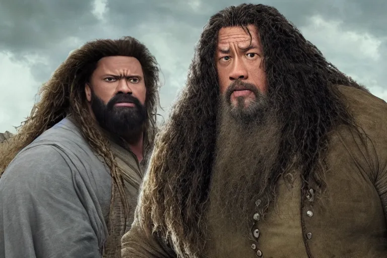 Prompt: film still of Dwayne Johnson as Hagrid in new Harry Potter movie, 4k