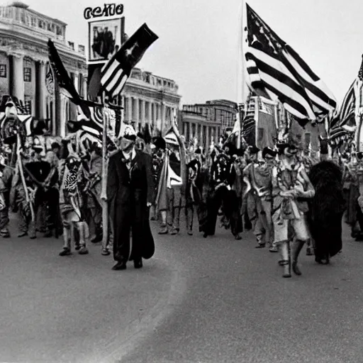 Image similar to Satanic States of America, alternate history, Satanic parade, 1940s, Pennsylvania Avenue, occult flags, goth crowds, 1940s fashion