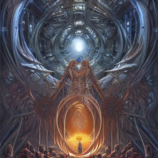 Prompt: a highly advanced quantum computer!!! a dark cabal of multiple hooded elven mystics in long robes gathered in a circular formation around a quantum computer, advanced technology, dan seagrave, michael whelan art, beautifully detailed epic scifi art, symmetrical, cgsociety, artstation