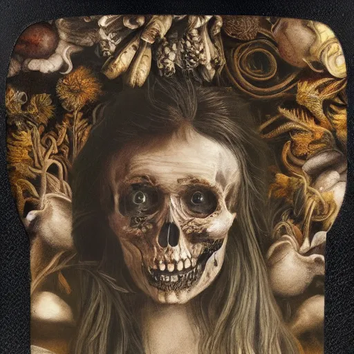 Image similar to a beautiful detailed front view baroque portrait of a rotten woman corpse becoming a skull with fractal plants and fractal flowers and mushrooms growing around, volumetric light, beautiful lit, polaroid photography