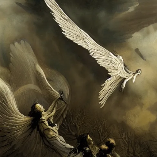 Prompt: A beautiful illustration of a winged creature, possibly an angel, flying high above a group of people in a dark, wooded area. The creature's wings are spread wide and its head is turned upwards, as if it is looking towards the sky. The people below are looking up at the creature with a mixture of awe and fear. by Keith Parkinson, by Carl Larsson evocative