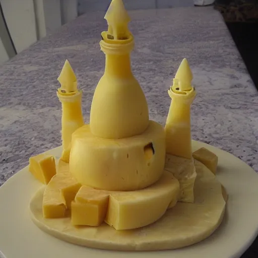 Prompt: cheese a reconstruction of the cheese taj mahal made ot of different cheeses, cheese