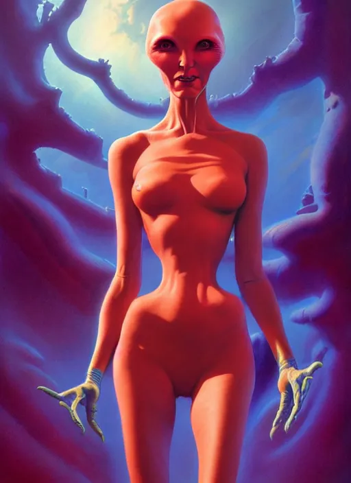 Prompt: photo of an alien woman in the style of roger dean and alberto vargas and stefan kostic, realistic, sharp focus, 8 k high definition, insanely detailed, intricate, elegant, art by greg rutkowski and artgerm, extreme blur coral reef background