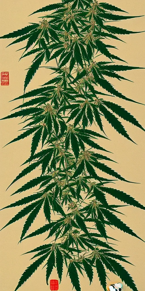 Image similar to A modern fine-art Chinese shanshui painting of cannabis tree with dank buds ready to harvest, full of amber trichome