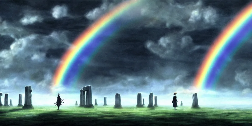 Prompt: a realistic and atmospheric cell - shaded concept art from howl's moving castle ( 2 0 0 4 ) of a rainbow colored ufo landing on the ground. a grey monk is standing in a futurist sci - fi city that looks like stonehenge in a flooded rainforest. it is a misty starry night. very dull muted colors, hd, 4 k, hq