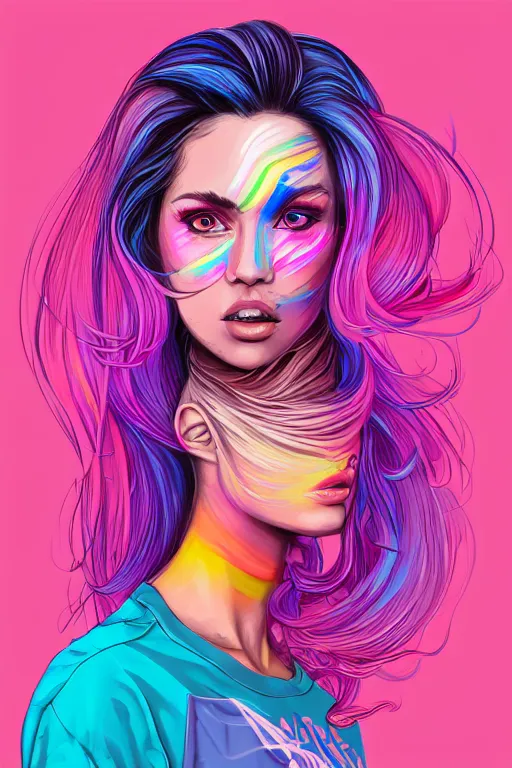 Image similar to a award winning half body portrait of a beautiful woman with stunning eyes in a printed croptop and cargo pants with rainbow colored ombre hairstyle head in motion and hair flying by josan gonzales, outrun, vaporware, shaded flat illustration, digital art, trending on artstation, highly detailed, fine detail, intricate