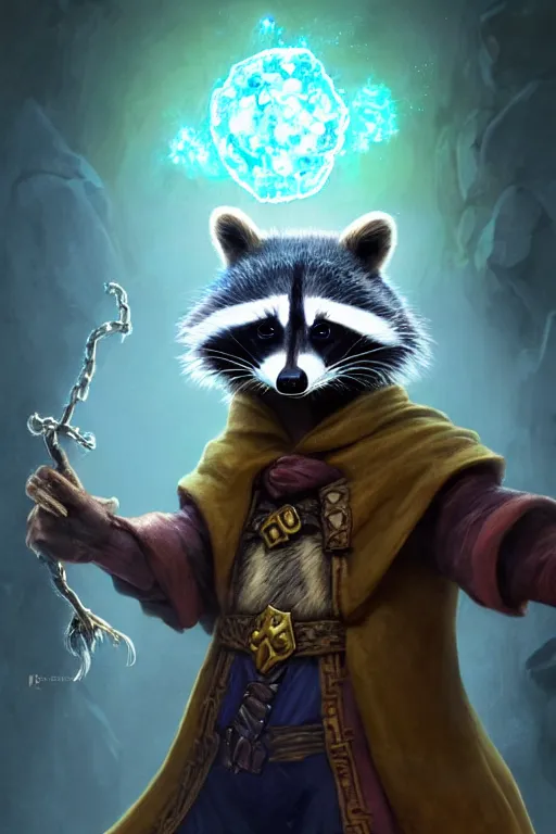 Image similar to closeup 3 5 mm anthropomorphic sorcerer raccoon casting a spell in a castle, d & d, fantasy, intricate, action pose, particle effects, highly detailed, digital painting, artstation, concept art, matte, sharp focus, volumetric lighting, illustration, hearthstone, art by artgerm, wlop, greg rutkowski and alphonse mucha