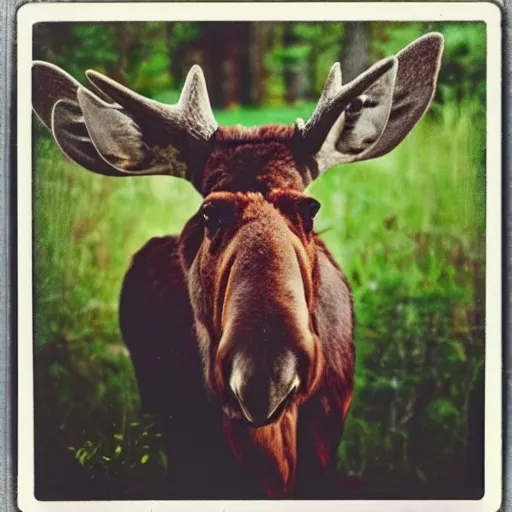 Image similar to polaroid of a moose with a mischievous smile