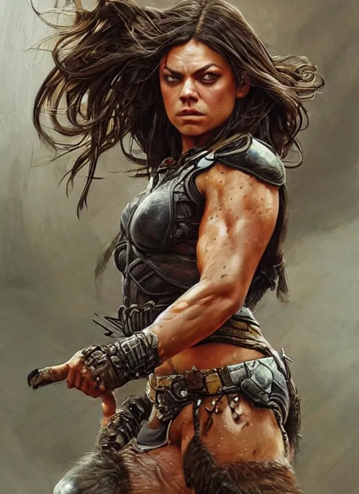 Image similar to exhausted Mila Kunis as a very muscled rugged looking Amazon, dirty, sweating, intricate, elegant, highly detailed, artstation, concept art, sharp focus, art by artgerm and donato giancola and Joseph Christian Leyendecker, WLOP