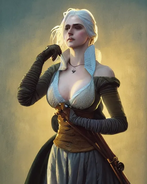 Image similar to Pre-Raphaelite Ciri from Witcher 3 by Artgerm and Greg Rutkowski, sharp focus, sun rays, full body, wearing haute couture by schiaparelli, intricate, elegant, highly detailed, digital painting, pale