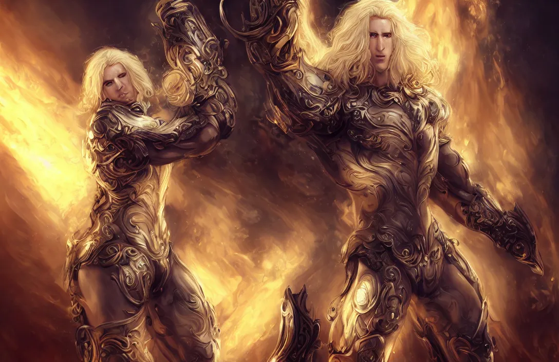 Prompt: the latest blond male beefcake by Sakimichan, porcelain white skin, gilded baroque obsidian cyberpunk bodysuit, voluptuous male, long curly light blond hair, extremely pale white skin and long fluffy blond curly hair, wreathed in scintillating radiance flames of war, hyper detailed background, 4K, artstation