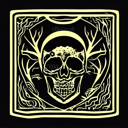 Image similar to dark death metal themed vector illustration for a record label, trees. forest, spikes, skull, microphone, skull, award winning, grunge, iconic, golden ratio