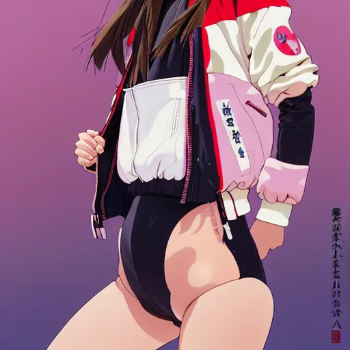 Image similar to a beautiful japanese natalie portman gravure model, wearing oversized native designer bomber jacket and leotard with overalls, bulky poofy bomber jacket with mesoamerican patterns, mesoamerican native street fashion, gapmoe yandere grimdark, trending on pixiv fanbox, painted by greg rutkowski makoto shinkai takashi takeuchi studio ghibli, akihiko yoshida