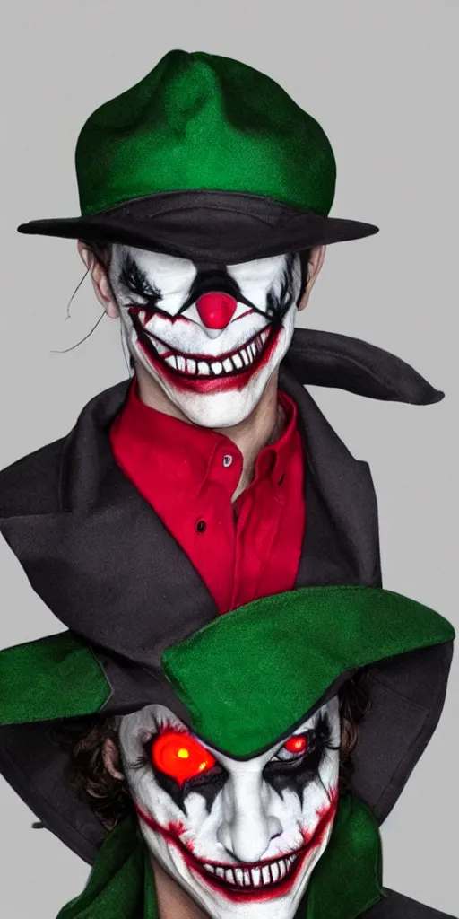 Prompt: a male model with glowing inferno eyes hat in joker makeup, frontal view, cool looking