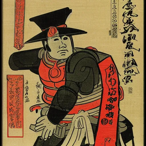 Image similar to Masterchief, woodblock portrait by Utagawa Kuniyoshi