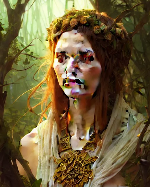 Prompt: beautiful female druid, portrait, fantasy, young, perfect eyes, detailed, intricate, leaves and simple cloth, global lighting, digital art, digital painting, artstation, wlop, sharp focus, illustration, art by artgerm and greg rutkowski and alphonse mucha, 8 k