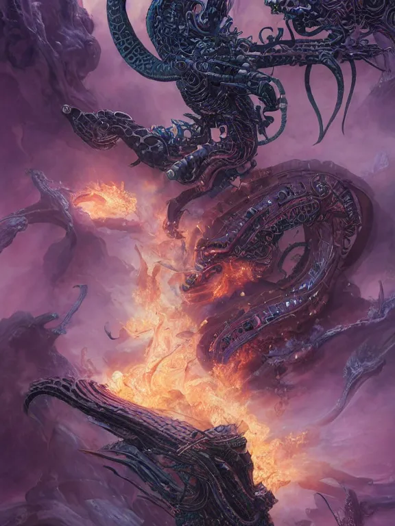 Prompt: black serpent breathing purple fire, ultra realistic, wide angle, intricate details, the fifth element artifacts, highly detailed by peter mohrbacher, hajime sorayama, wayne barlowe, boris vallejo, aaron horkey, gaston bussiere, craig mullins