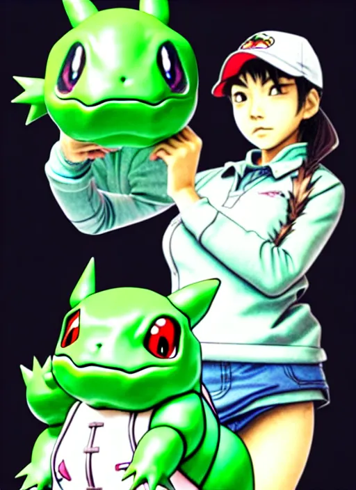 Prompt: girl student bored while with her bulbasaur, illustrated on transparent glass by katsuhiro otomo, yoshitaka amano, and artgerm. 3 d shadowing effect, concept art, 8 k resolution.