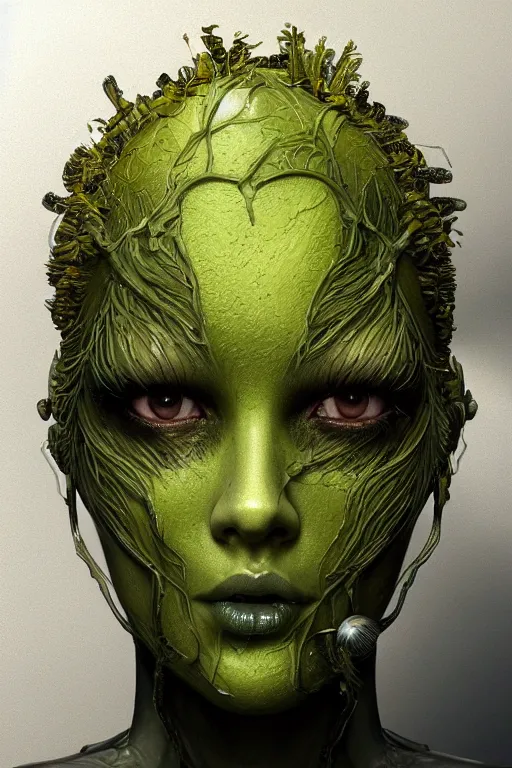 Image similar to beautiful portrait of a mutant algae plant character, intricate transhuman, dystopian cyberpunk, eyelashes, extremely detailed, digital painting, sculpted in zbrush, artstation, concept art, smooth, sharp focus, illustration, chiaroscuro soft lighting, golden ratio, rule of thirds, fibonacci, incredible art by Stanley Artgerm Lau and Greg Rutkowski, composition by mike mignola and Simon Stalenhag,