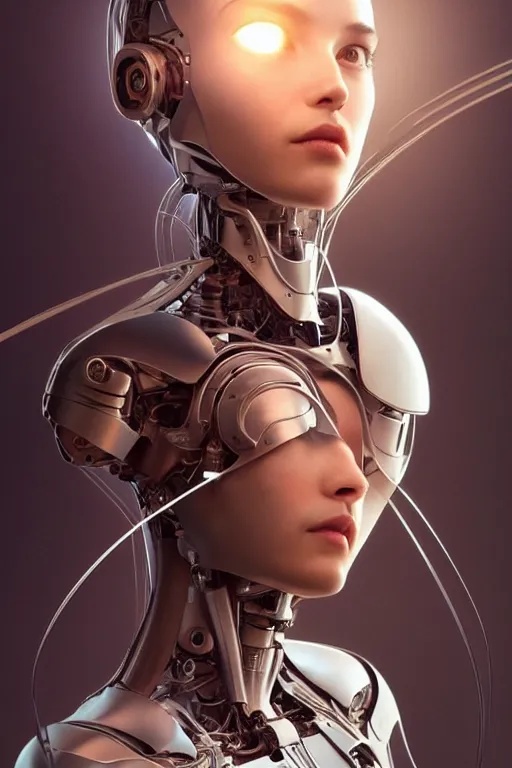 Image similar to Mechanical female android looking, cinematic lighting, intricate, elegant, super highly detailed, art station, concept art, smooth, sharp focus, no blur, no dof, extreme illustration, Unreal Engine 5, Photorealism, HD quality, 8k resolution, cinema 4d, 3D, beautiful, delicate, art by artgerm and greg rutkowski and alphonse mucha and loish and WLOP