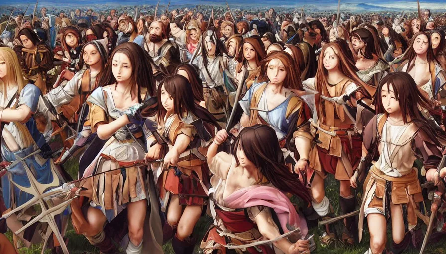 Image similar to jesus christ our lord leading an army of anime girls into battle, photorealistic, anime, mini skirt, long hair, renaissance painting, hyper real, detailed, closeup shot, ultra detailed