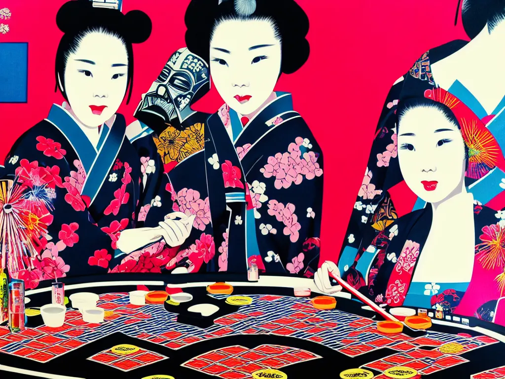 Image similar to hyperrealistic composition of the detailed woman in a japanese kimono sitting at a poker table with detailed darth vader, fireworks, mount fuji on the background, pop - art style, jacky tsai style, andy warhol style, acrylic on canvas