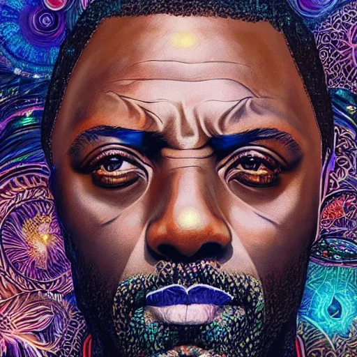 Image similar to portrait of idris elba, hyper detailed masterpiece, neon floral pattern, jean giraud, digital art painting, darkwave goth aesthetic, psychedelic, artgerm, donato giancola and tom bagshaw