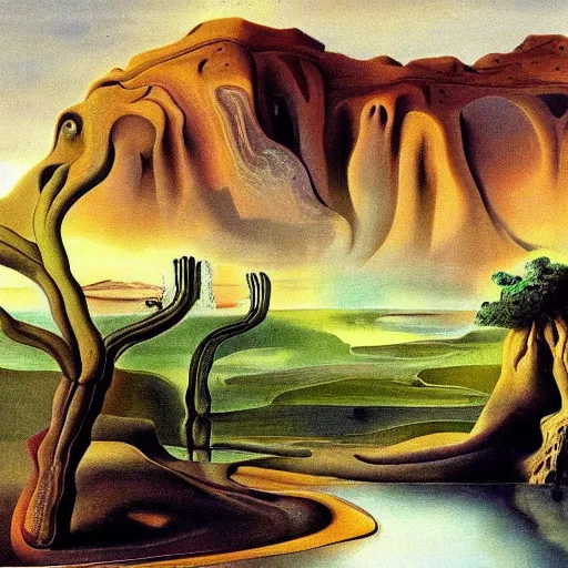 Prompt: painting of a lush natural scene on an alien planet by salvador dali. beautiful landscape. weird vegetation. cliffs and water.