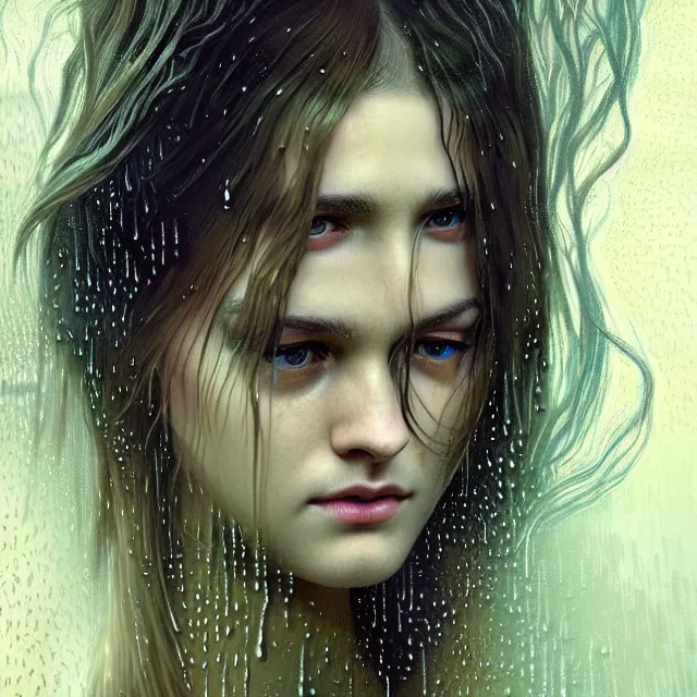 Image similar to bright portrait surreal rain on face and wet hair, diffuse overhead lighting, fantasy, intricate, elegant, dramatic lighting, highly detailed, lifelike, photorealistic, digital painting, artstation, illustration, concept art, smooth, sharp focus, art by John Collier and Albert Aublet and Krenz Cushart and Artem Demura and Alphonse Mucha