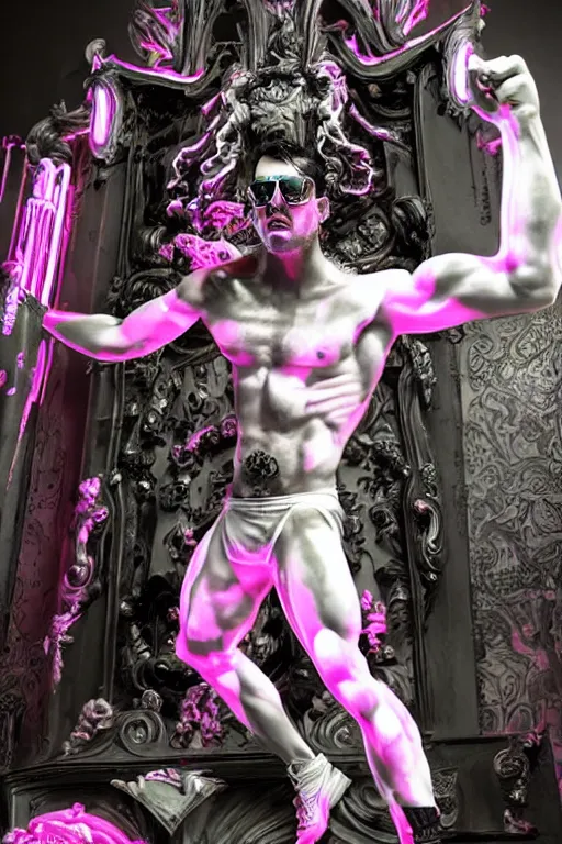 Image similar to full-body rococo and cyberpunk style neon statue of a muscular attractive Jason Baldoni wearing cholo shades macho dotado e rico android sim roupa reclining con las piernas abertas e la piroca dura, ethereal white dripping tar, glowing white lasers, pink tigers, glowing eyes, silver prince crown, black gears, pink diamonds, swirling mint-colored silk fabric. futuristic elements. full-length view. human skulls. large intricate artwork by caravaggio. Trending on artstation, octane render, cinematic lighting from the right, hyper realism, octane render, 8k, depth of field, 3D