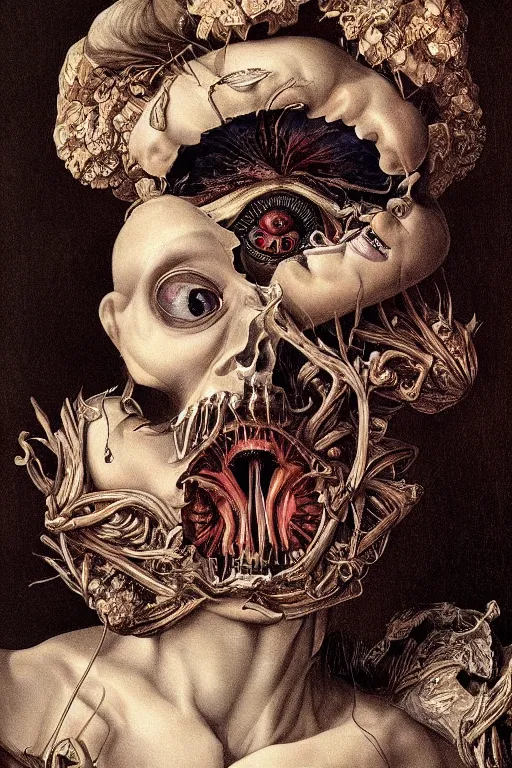 Image similar to Detailed maximalist portrait with large lips and with large, wide eyes, sad expression, HD mixed media, 3D collage, highly detailed and intricate, surreal anatomy, illustration in the style of Caravaggio, dark art, baroque