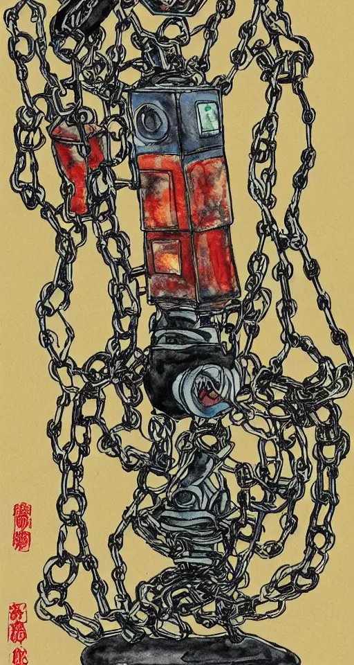 Image similar to a robot hanging by his feet in chains upside down peacefully, beautiful coloured Japanese ink painting inspired by the hanged man tarot card, soft lines, psychedelic