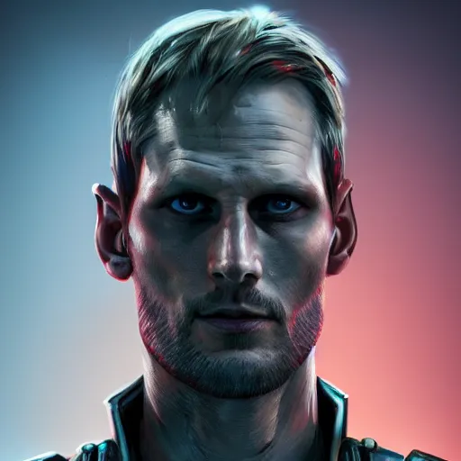 Prompt: alexander skarsgard portrait, dystopia core, apocalyptic, armor, warrior, dramatic, sharp focus, fiction, neon, fantasy, hyper detailed, digital art, trending in artstation, cinematic lighting, studio quality, smooth render, unreal engine 5 rendered, octane rendered, art style and nixeu and wlop and krenz cushart