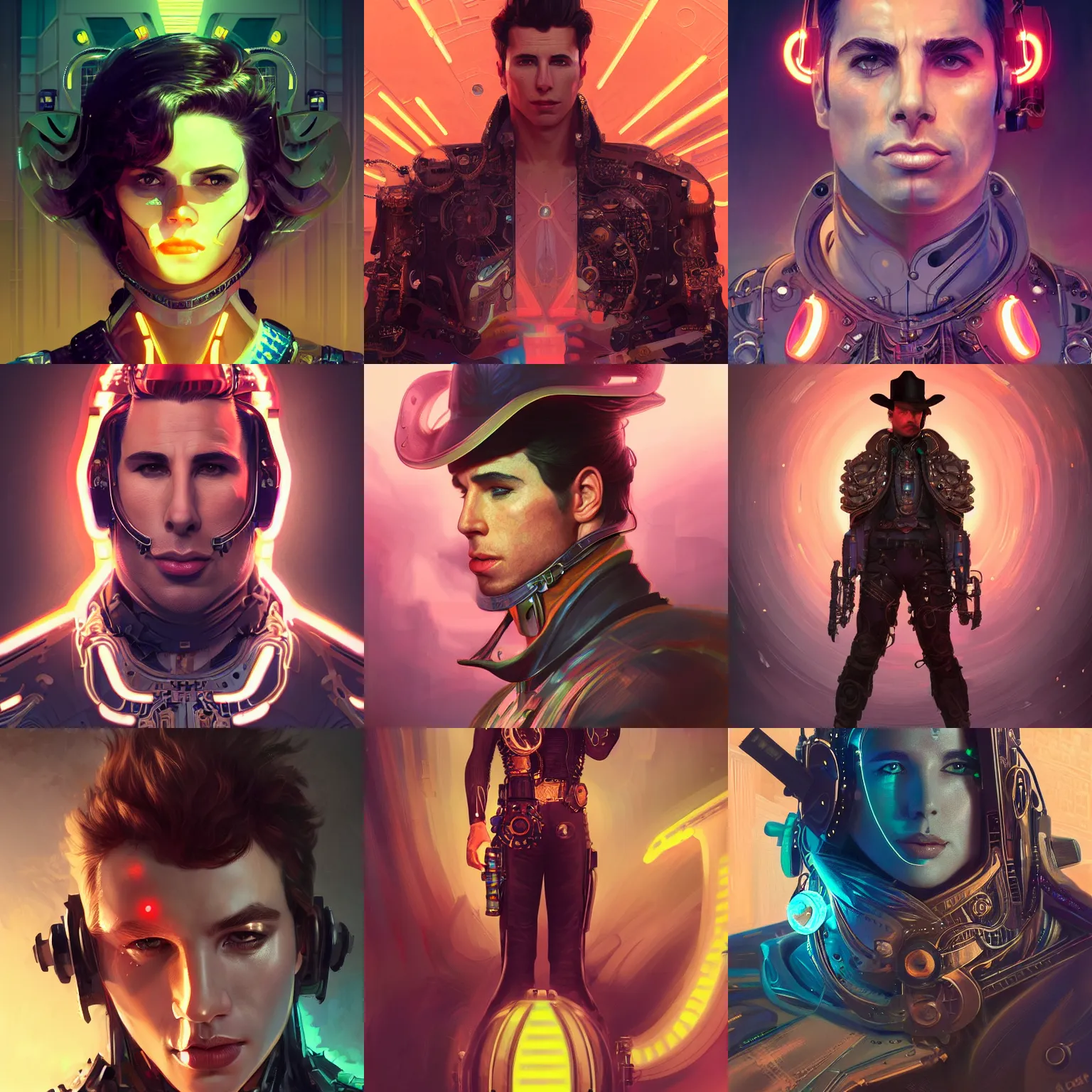 Prompt: portrait futuristic john travolta steampunk half - cyborg cowboy, neon light rooftop, fantasy, intricate and very very beautiful and elegant, highly detailed, digital painting, artstation, concept art, smooth and sharp focus, illustration, art by tan zi and ayanamikodon and alphonse mucha and wlop