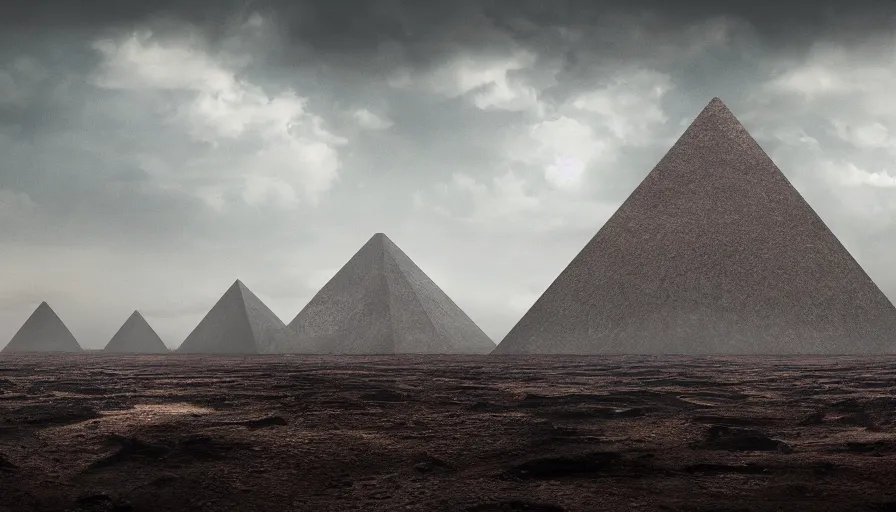 Prompt: a vast wasteland, 1 colossal black pyramid, dried leaves, dark clouds, cinematic lighting, trending on artstation, national geographic photography, digital painting, elaborate matte painting