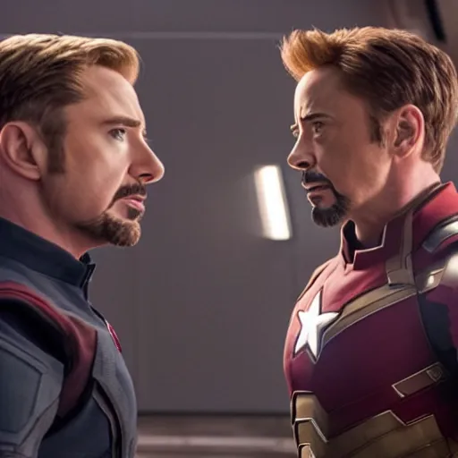 Prompt: film of chris evans as steve rogers and robert downey jr as tony stark arguing in avengers endgame