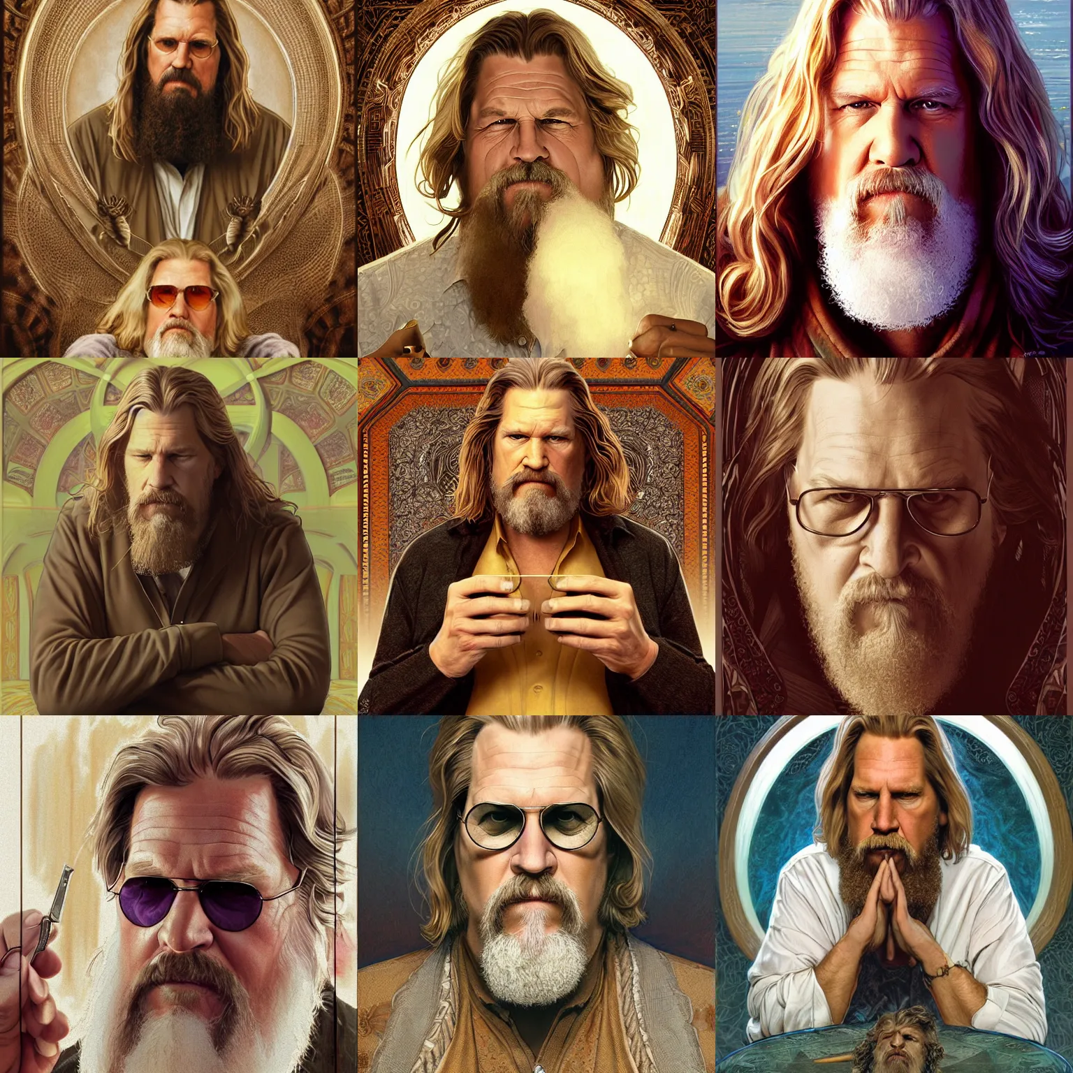 Prompt: portrait of the dude big lebowski, jeff bridges, deep focus, rug, fantasy, intricate, elegant, highly detailed, digital painting, concept art, matte, sharp focus, illustration, art by artgerm and greg rutkowski and alphonse mucha