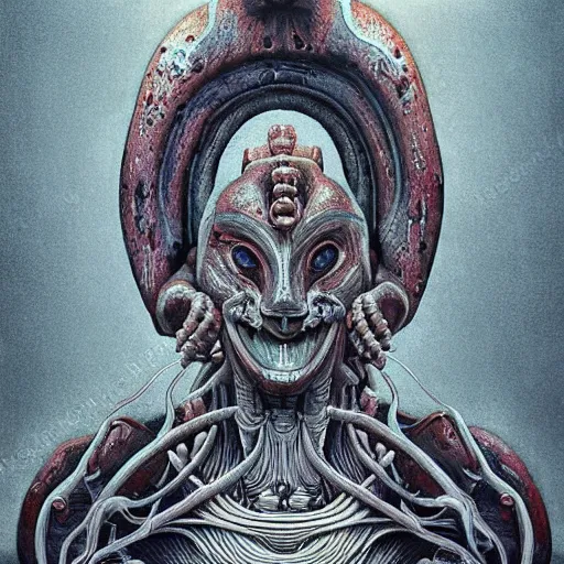 Image similar to naraka buddhist alien demon korean, no face, tubular creature, blood vessels, blue eyes, black energy, dystopian surrealism, zdzisław beksinski, symmetry accurate features, very intricate details, high resolution, symmetrical long head, smooth marble surfaces, detailed ink illustration, robot, metal gear, cinematic smooth stone, deep aesthetic, concept art