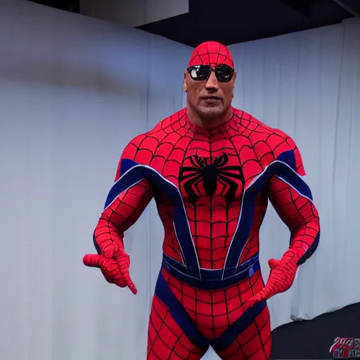 Image similar to dwayne johnson promo on ring wearing spiderman costumes