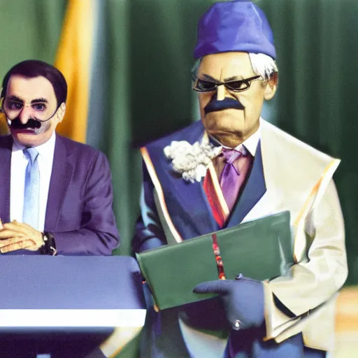 Image similar to president waluigi with vice - president wario, photograph, photo, speech, color