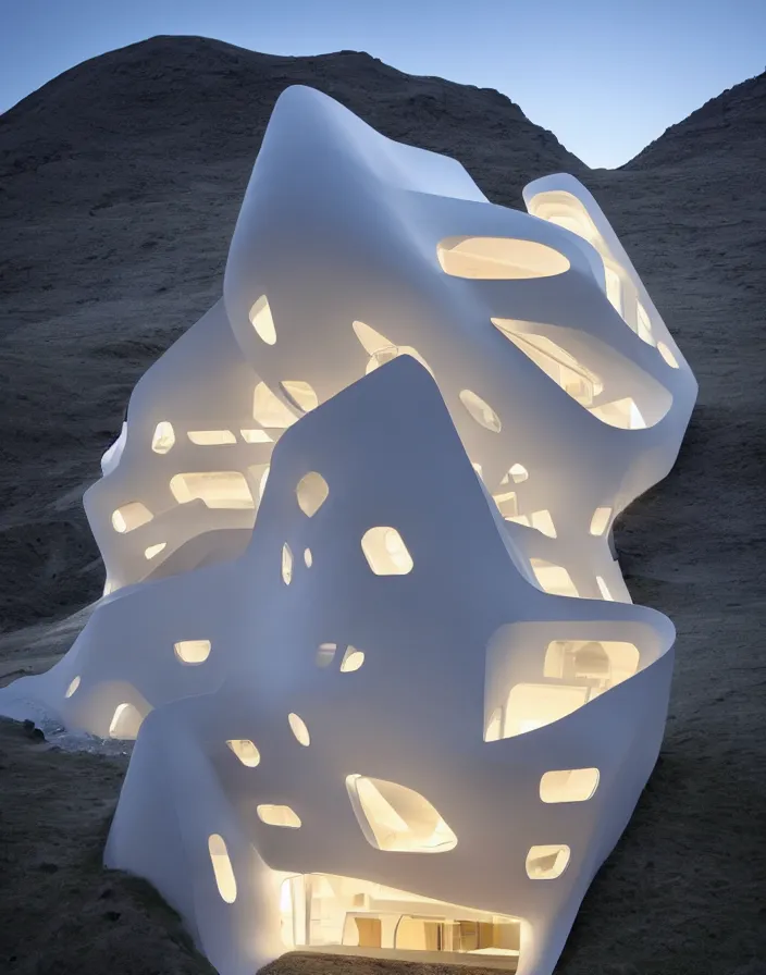 Prompt: zaha hadid 3 d construction printed house on the mountain, soft light, streetscapes stunning volumetric lighting sunset