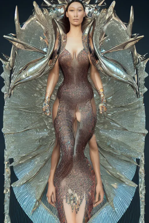 Prompt: a highly detailed 4 k render of a beautiful alien goddess bella hadid in iris van herpen dress schiaparelli in diamonds in style of alphonse mucha trending on artstation made in unreal engine 4