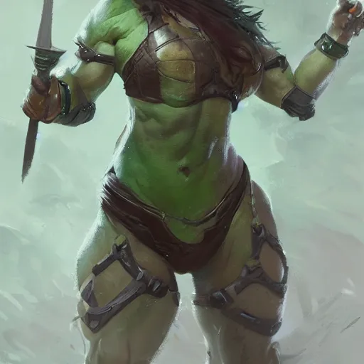 Image similar to a full character portrait of a toned physique green orc woman with a ponytail in full plate armor, by greg rutkowski, wlop, trending on artstation