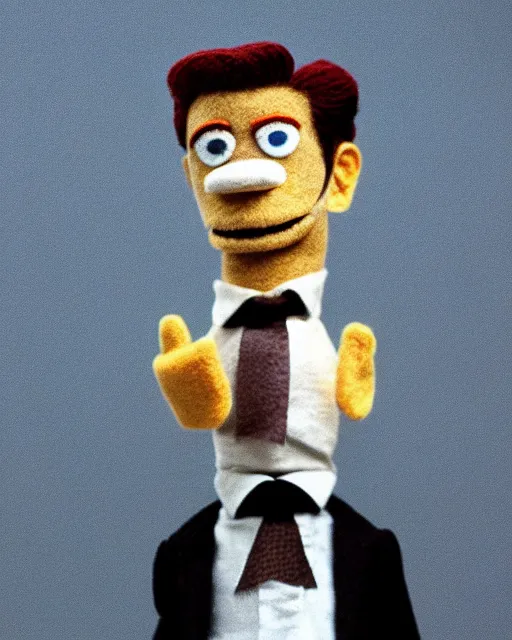 Image similar to film still from twin peaks, agent dale cooper as a puppet muppet!!. highly detailed felt. hyper real photo, octane, jim henson, 4 k.