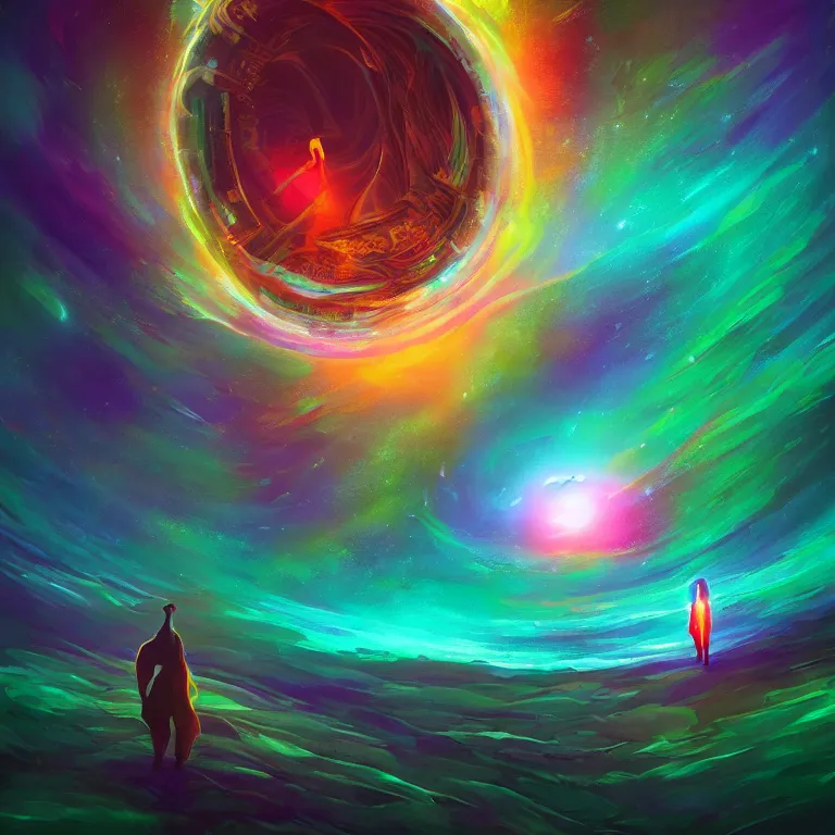 Prompt: person in the distance psychedelic disco that can ’ t escape vortex black hole 4 k award winning digital art by anato finnstark