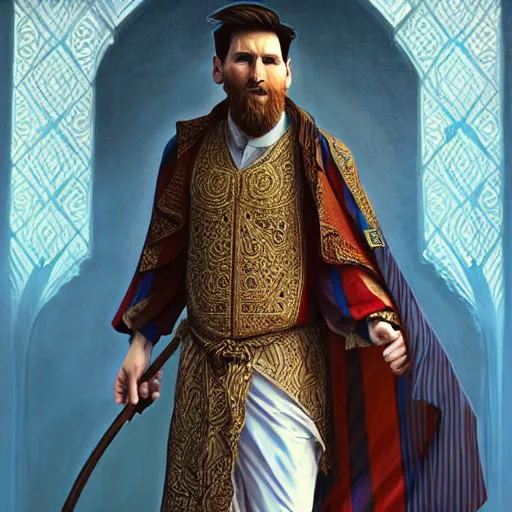 Prompt: lionel messi wearing islamic clothes, d & d, fantasy, intricate, elegant, highly detailed, digital painting, artstation, concept art, matte, sharp focus, illustration, art by artgerm and greg rutkowski and alphonse mucha